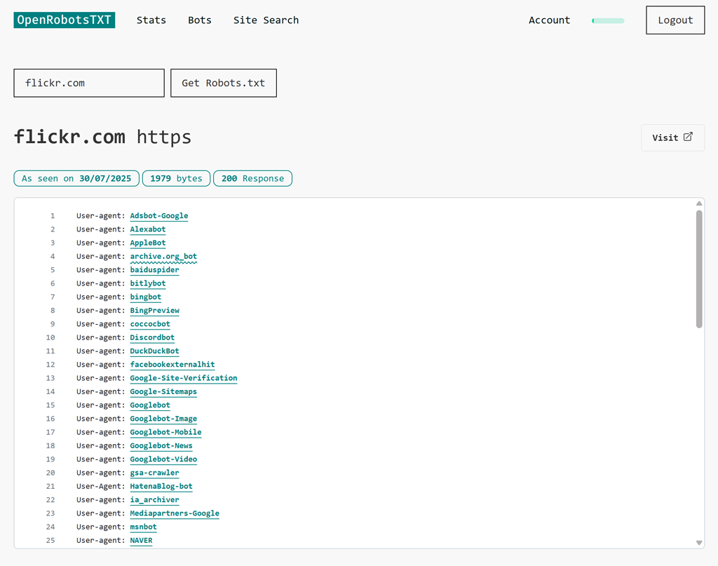 Screenshot for the interpreted robots.txt for flickr.com