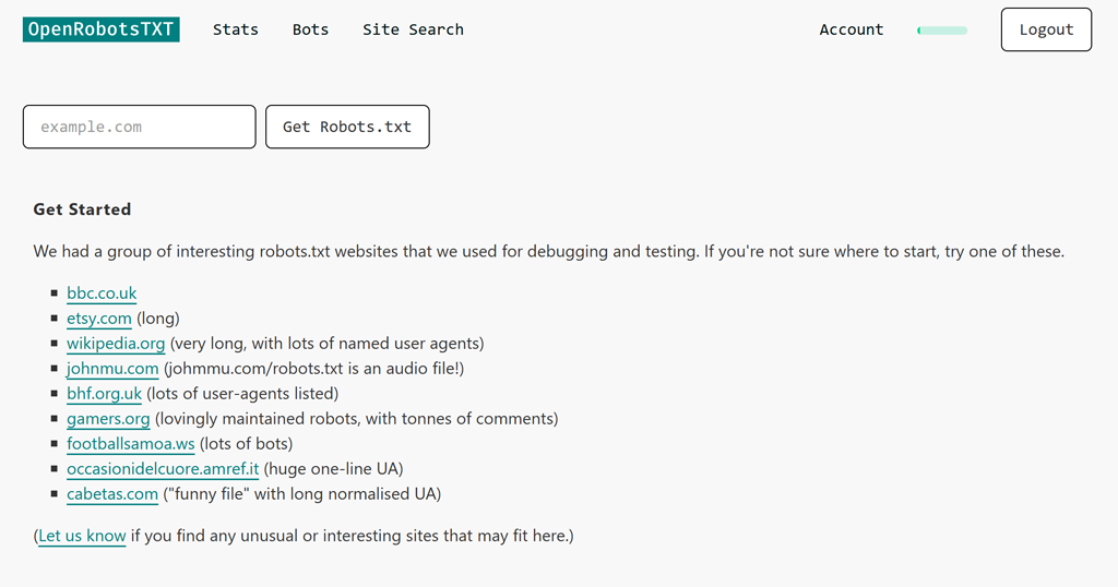 A screenshot of Site Search where you can search for your own site, or click on an example