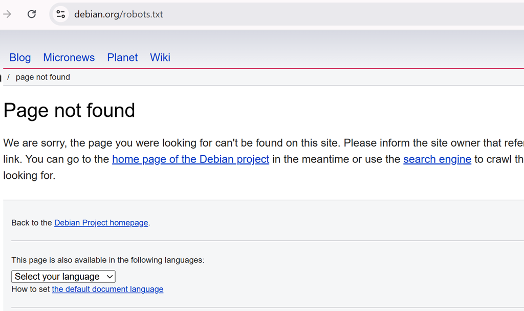 debian.org/robots.txt, shows a "page not found" screen