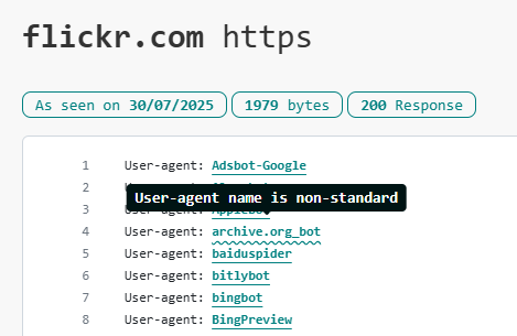 Flickr has a user agent named "archive.org_bot". The picture is showing a wavy line underneath and a tooltip that says "User-agent name is non-standard"
