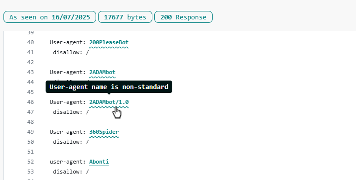 A screenshot where the user-agent name is "2ADAMbot/1.0"