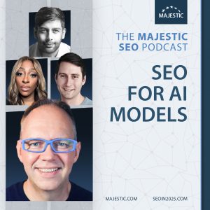 Promotional image for a live podcast on SEO for AI models with guests Tasha Antwi, Jon Mest and Luke Gosha.