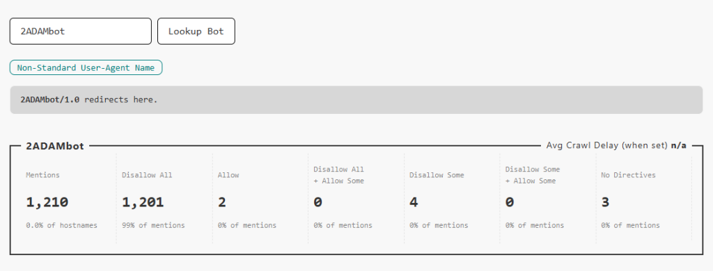 A screenshot that shows a message that "2ADAMbot/1.0" redirects to "2ADAMbot"