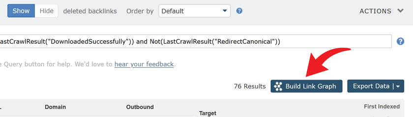 A screenshot of the location of the Build Link Graph button at the top of Site Explorer Backlink results