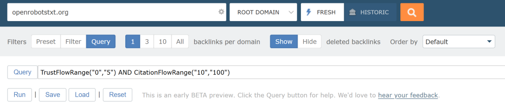 A screenshot of using a Query Builder string as a filter in Site Explorer