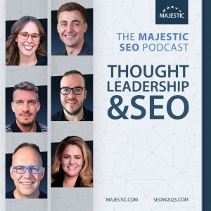 Promo image for a live podcast on Thought Leadership and SEO with images of Ashley Segura, Christian Rigg, Jasper Hammil, Kelsey Libert and Joe Terry.