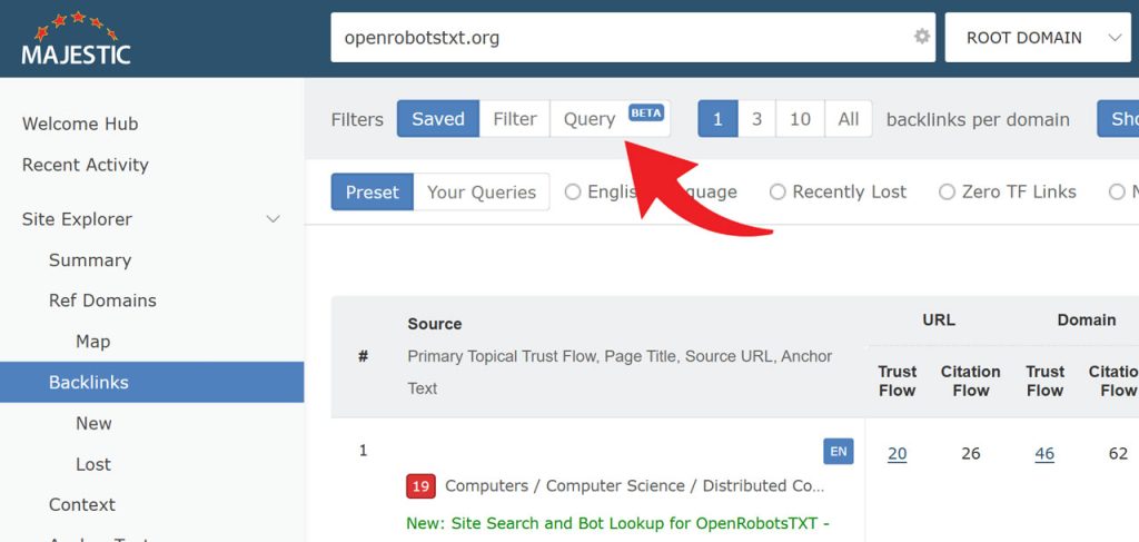 The button to access the Query panel 