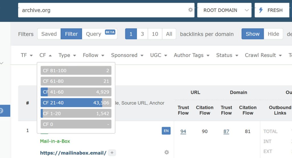 Choosing a Citation Flow group from a filter
