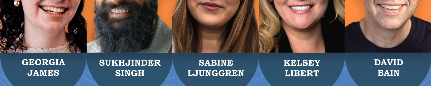 A promo image for a Majestic SEO Podcast episode on Setting an SEO Strategy for 2026 with photos of David Bain and the guests Georgia James, Sukhjinder Singh, Sabine Ljunggren and Kelsey Libert.