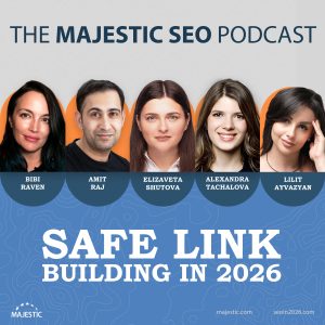 A promotional image for a webinar on "Safe Link Building in 2026" on March 4th featuring pictures of the host David Bain and the guests Amit Raj, Bibi Raven, Lilit Ayvazyan, Elizaveta Shutova, Alexandra Tachalova.