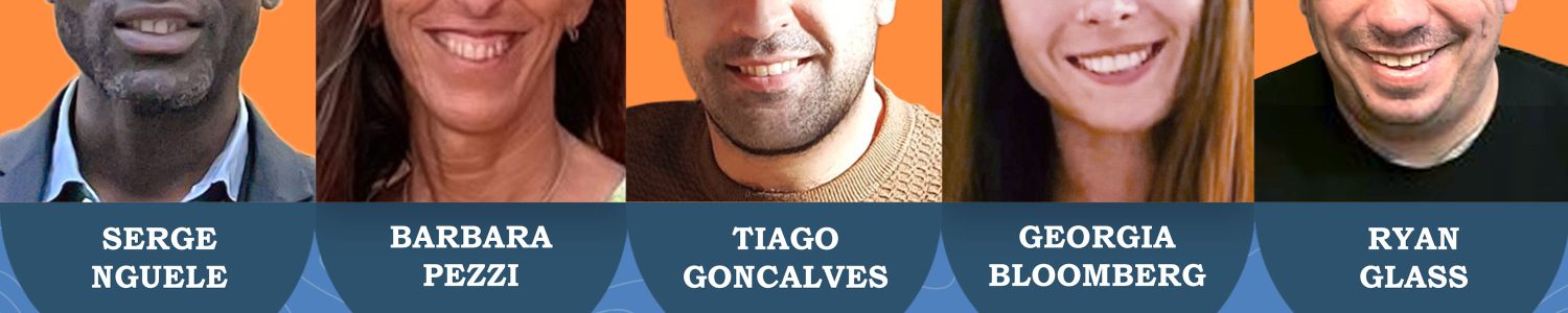 A promo image for a live episode of the Majestic SEO podcast on how SEO and PPC can work together with images of the guest speakers Serge Nguele, Barbara Pezzi, Tiago Goncalves, Georgia Bloomberg and Ryan Glass.