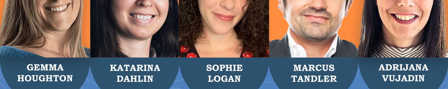 A promotional image for a webinar on the topic of "How to speak at conferences" with pictures Gemma Houghton, Katarina Dahlin, Sophie Logan, Marcus Tandler and Adrijana Vujadin who make up the panel.