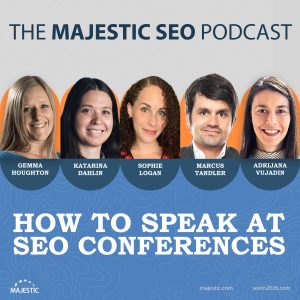 A promotional image for a webinar on the topic of "How to speak at conferences" with pictures Gemma Houghton, Katarina Dahlin, Sophie Logan, Marcus Tandler and Adrijana Vujadin who make up the panel.