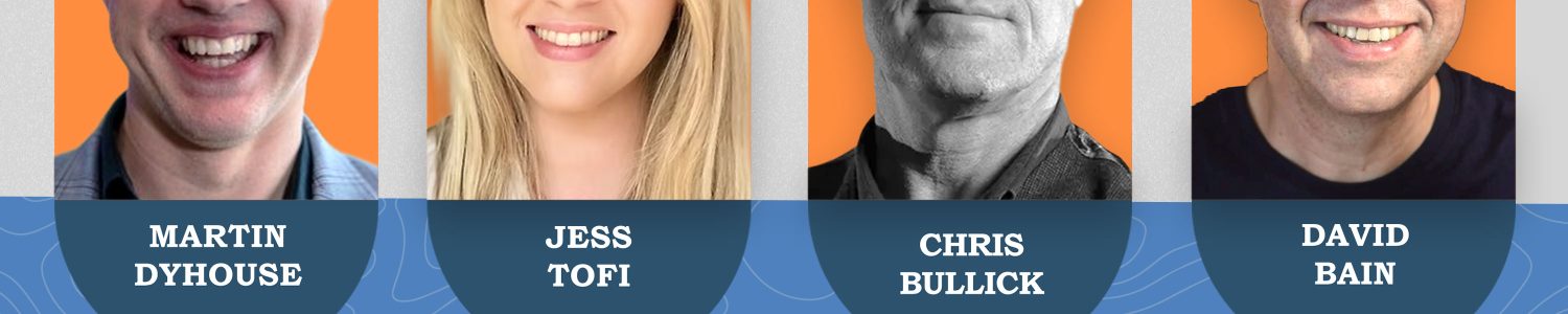 A promotional image for a live episode of the Majestic SEO Podcast on the topic of "What Can SEOs Learn From Brand Experts?" with photos of the guests: Martin Dyhouse, Jess Tofi and Chris Bullick, and the host David Bain.