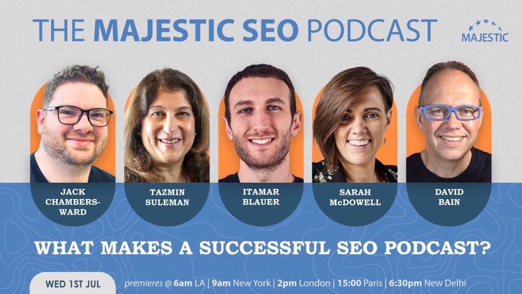 A promotional image for a webinar about what makes a successful SEO podcast with images of the host David Bain, and the guests Jack Chambers-Ward, Tazmin Suleman, Itamar Blauer and Sarah McDowell.