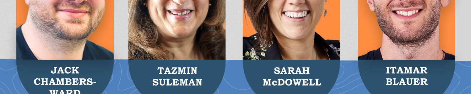 A promotional image for a webinar about what makes a successful SEO podcast with images of the host David Bain, and the guests Jack Chambers-Ward, Tazmin Suleman, Itamar Blauer and Sarah McDowell.