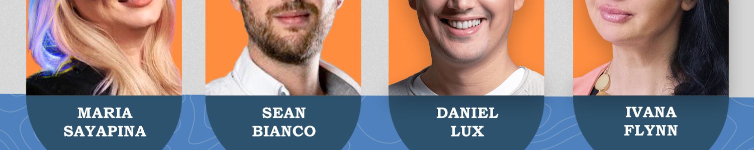 A promotional image for a webinar about how to deal wth fake DMCAs with images of the guests Maria Sayapina, Sean Bianco, Daniel Lux and Ivana Flynn.
