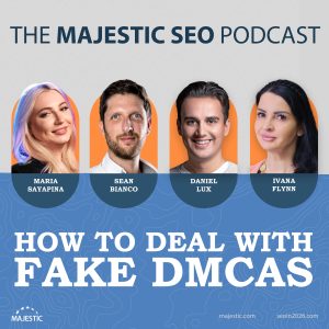 A promotional image for a webinar about how to deal wth fake DMCAs with images of the guests Maria Sayapina, Sean Bianco, Daniel Lux and Ivana Flynn.