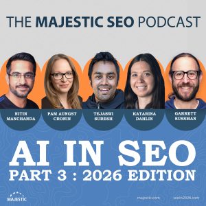 A promo image for a live podcast on the subject of the State of AI in SEO with photos of guests Nitin Manchanda, Pam Aungst Cronin, Katarina Dahlin, Tejaswi Suresh and Garrett Sussman.
