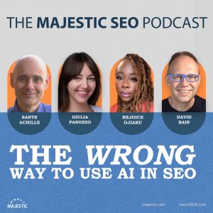 A promotional image for a webinar on "The wrong way to use AI in SEO" with images of the host, David Bain, and guests Rejoice Ojiaku, Giulia Panozzo, and Sante Achille.