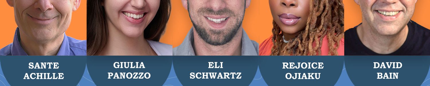 A promotional image for a webinar on "The wrong way to use AI in SEO" with images of the host, David Bain, and guests Rejoice Ojiaku, Giulia Panozzo, Eli Schwartz, and Sante Achille.