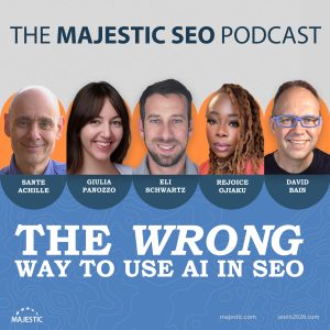 A promotional image for a webinar on "The wrong way to use AI in SEO" with images of the host, David Bain, and guests Rejoice Ojiaku, Giulia Panozzo, Eli Schwartz, and Sante Achille.