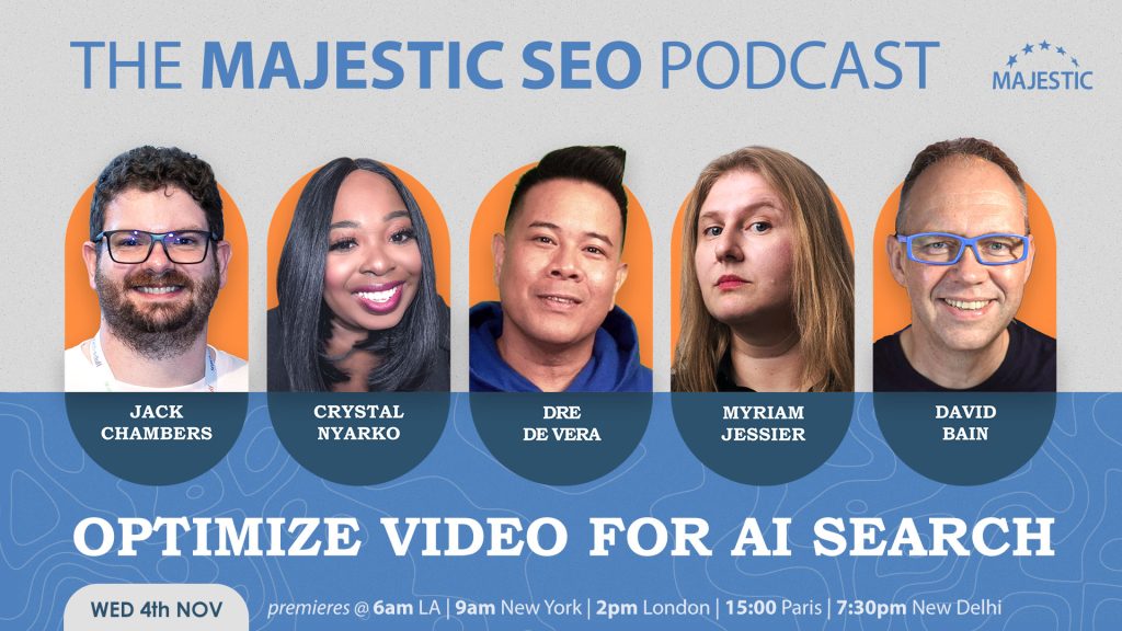 A promotional image for a webinar on how to "Optimise video for AI search" with images of the host, David Bain, and guests Jack Chambers, Crystal Nyarko, Dre de Vera and Myriam Jessier.