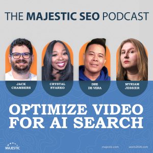 A promotional image for a webinar on how to "Optimise video for AI search" with images of the guests Jack Chambers, Crystal Nyarko, Dre de Vera and Myriam Jessier.